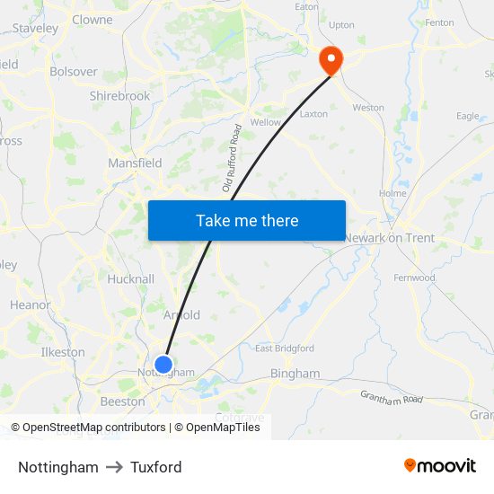Nottingham to Tuxford map