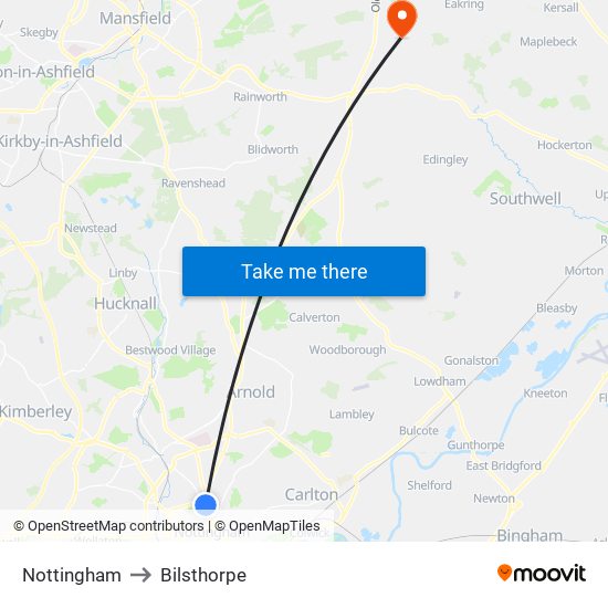Nottingham to Bilsthorpe map