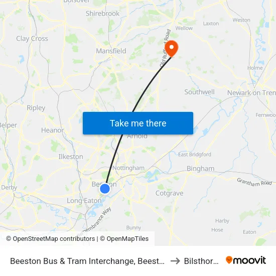 Beeston Bus & Tram Interchange, Beeston to Bilsthorpe map