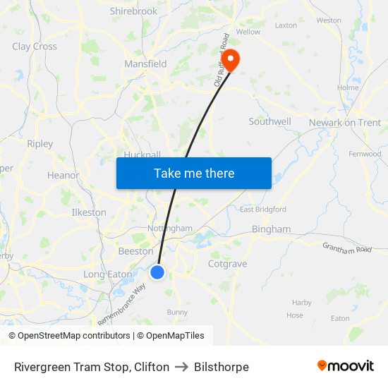 Rivergreen Tram Stop, Clifton to Bilsthorpe map