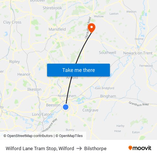Wilford Lane Tram Stop, Wilford to Bilsthorpe map