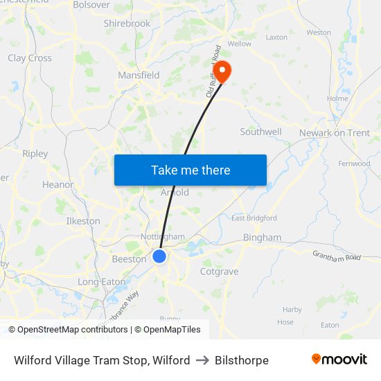 Wilford Village Tram Stop, Wilford to Bilsthorpe map