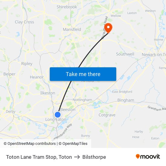 Toton Lane Tram Stop, Toton to Bilsthorpe map