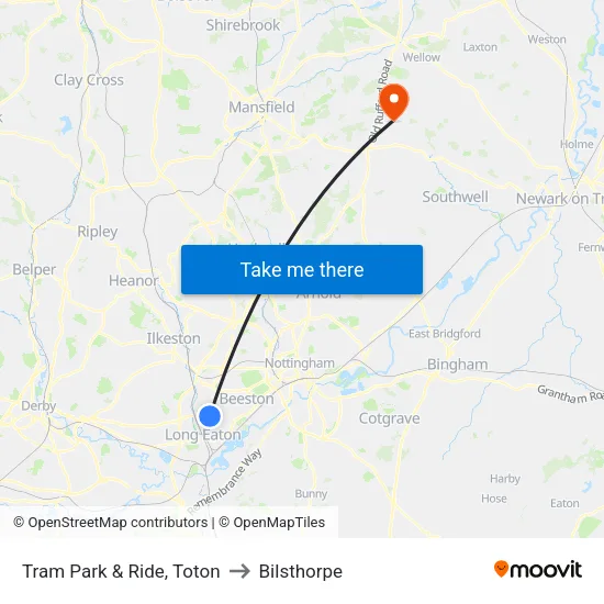 Tram Park & Ride, Toton to Bilsthorpe map