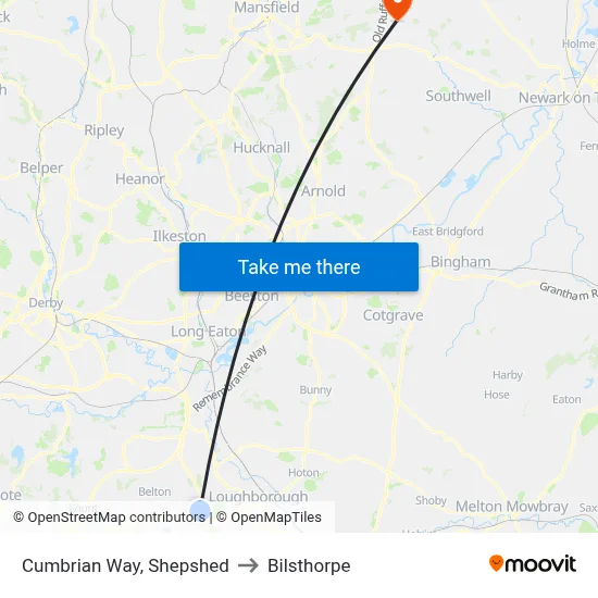 Cumbrian Way, Shepshed to Bilsthorpe map