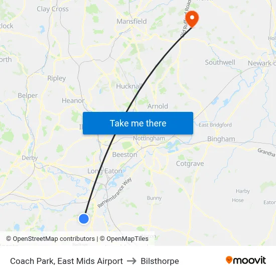 Coach Park, East Mids Airport to Bilsthorpe map