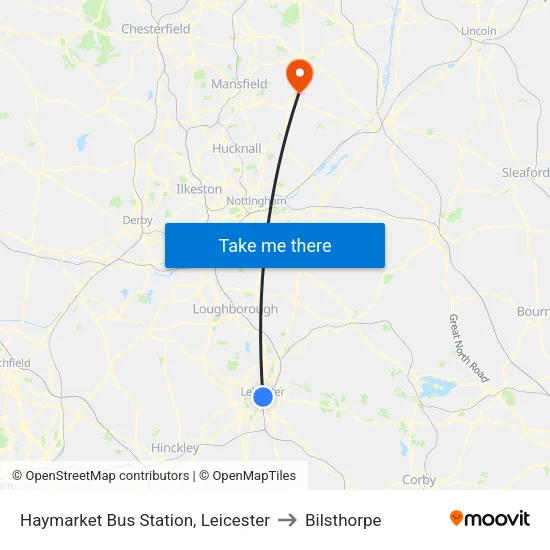 Haymarket Bus Station, Leicester to Bilsthorpe map