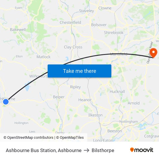 Ashbourne Bus Station, Ashbourne to Bilsthorpe map