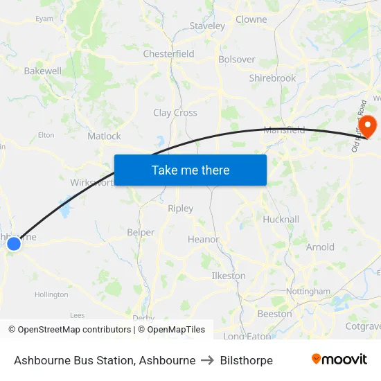 Bus Station, Ashbourne to Bilsthorpe map