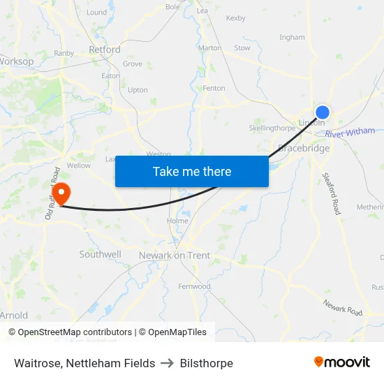 Waitrose, Nettleham Fields to Bilsthorpe map