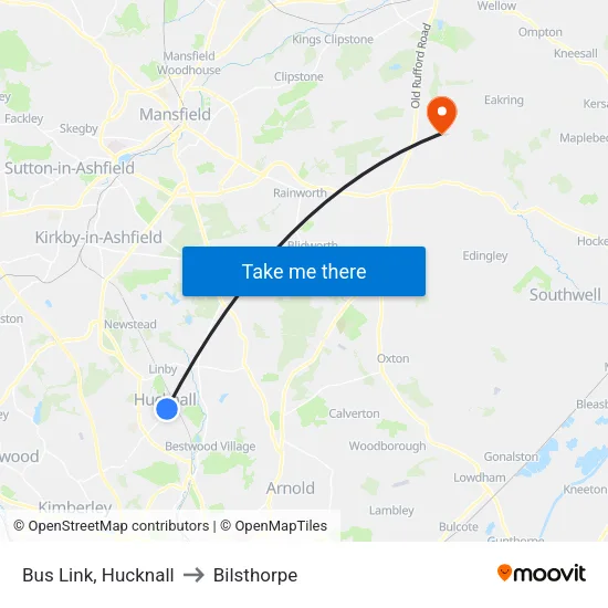 Bus Link, Hucknall to Bilsthorpe map