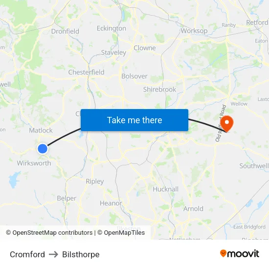 Cromford to Bilsthorpe map