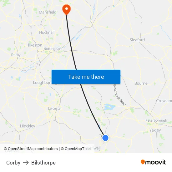 Corby to Bilsthorpe map