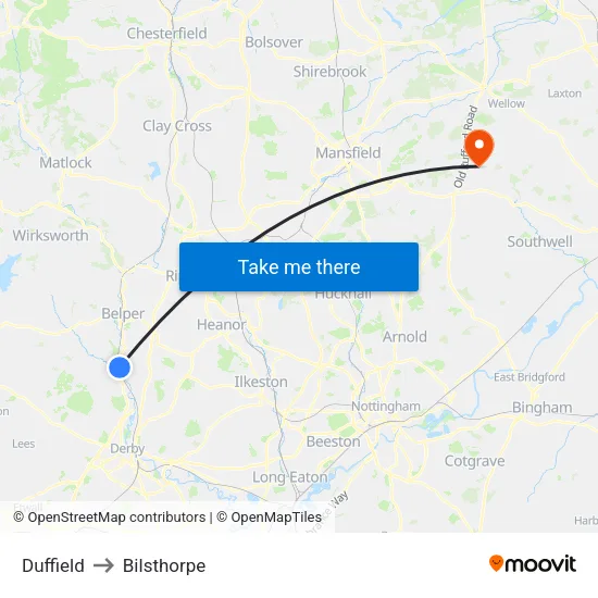 Duffield to Bilsthorpe map