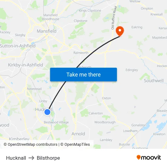 Hucknall to Bilsthorpe map