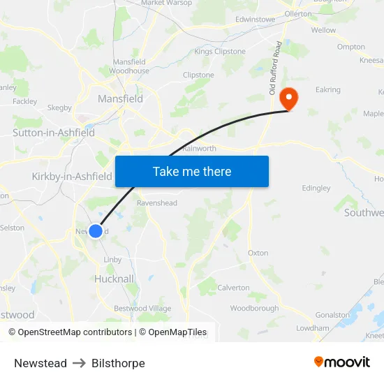 Newstead to Bilsthorpe map