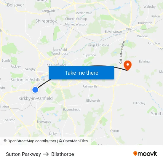 Sutton Parkway to Bilsthorpe map