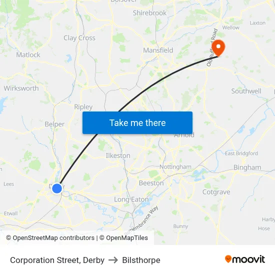 Corporation Street, Derby to Bilsthorpe map