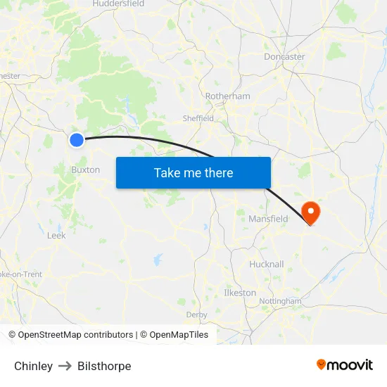 Chinley to Bilsthorpe map
