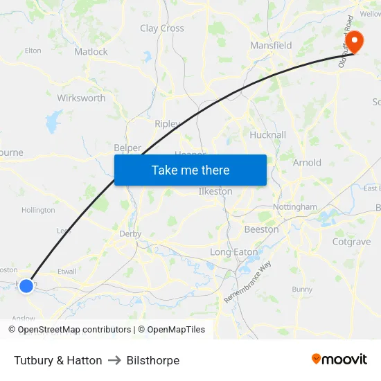 Tutbury & Hatton to Bilsthorpe map