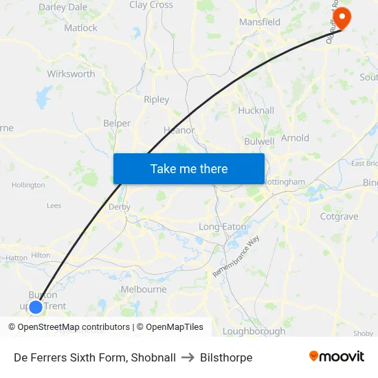 De Ferrers Sixth Form, Shobnall to Bilsthorpe map