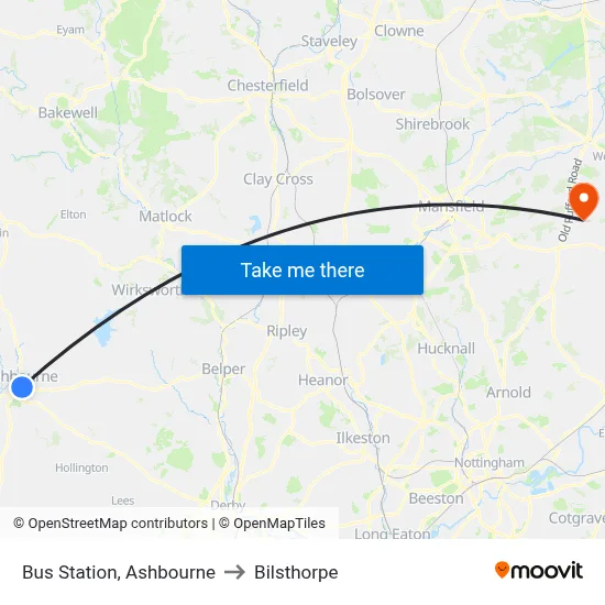 Bus Station, Ashbourne to Bilsthorpe map