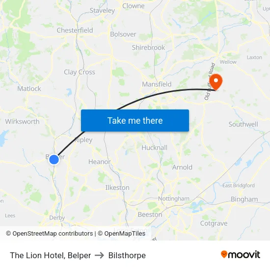 The Lion Hotel, Belper to Bilsthorpe map