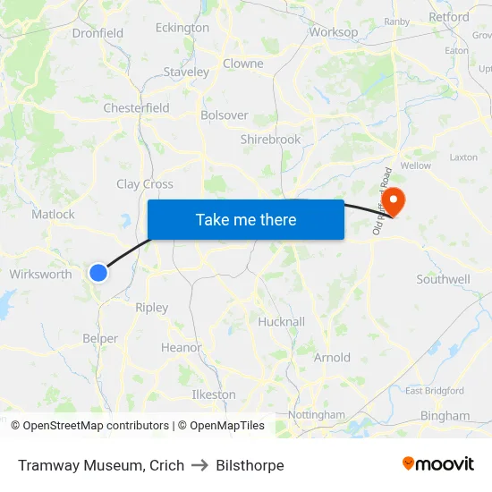 Tramway Museum, Crich to Bilsthorpe map