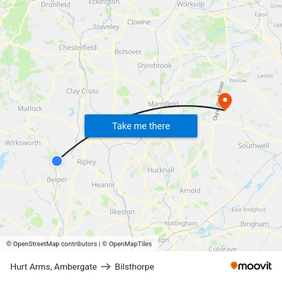 Hurt Arms, Ambergate to Bilsthorpe map