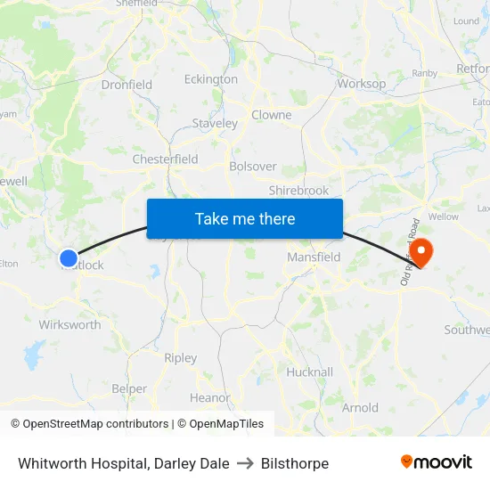Whitworth Hospital, Darley Dale to Bilsthorpe map