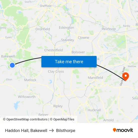 Haddon Hall, Bakewell to Bilsthorpe map