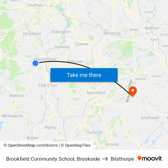 Brookfield Community School, Brookside to Bilsthorpe map