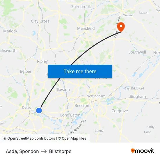Asda, Spondon to Bilsthorpe map