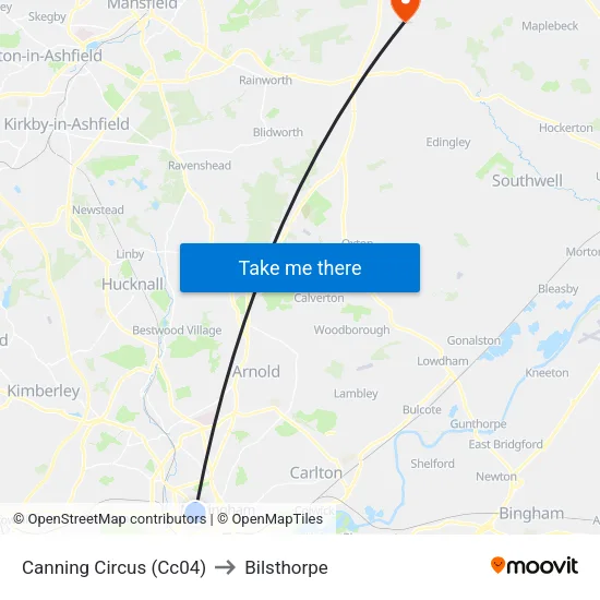 Canning Circus (Cc04) to Bilsthorpe map
