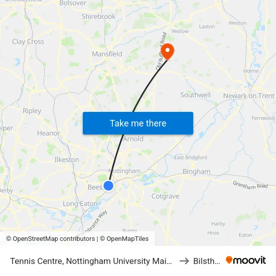 Tennis Centre, Nottingham University Main Campus (Un08) to Bilsthorpe map