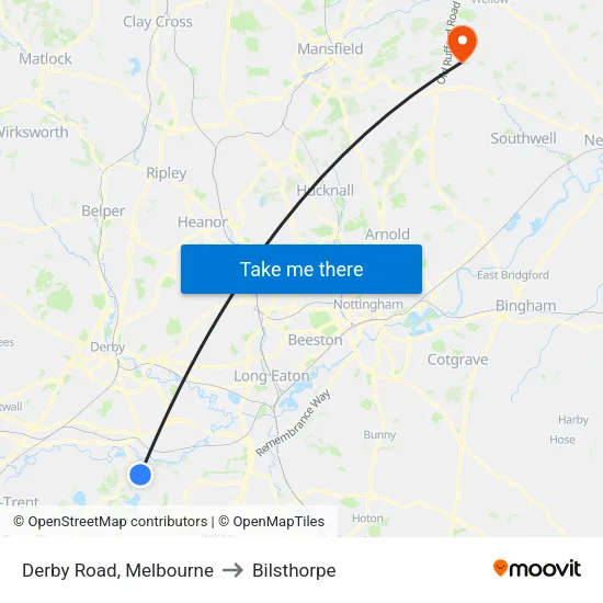 Derby Road, Melbourne to Bilsthorpe map