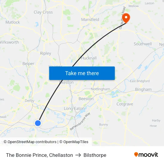 The Bonnie Prince, Chellaston - Derby to Bilsthorpe map