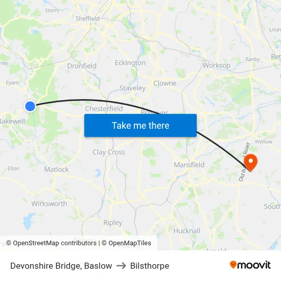 Devonshire Bridge, Baslow to Bilsthorpe map