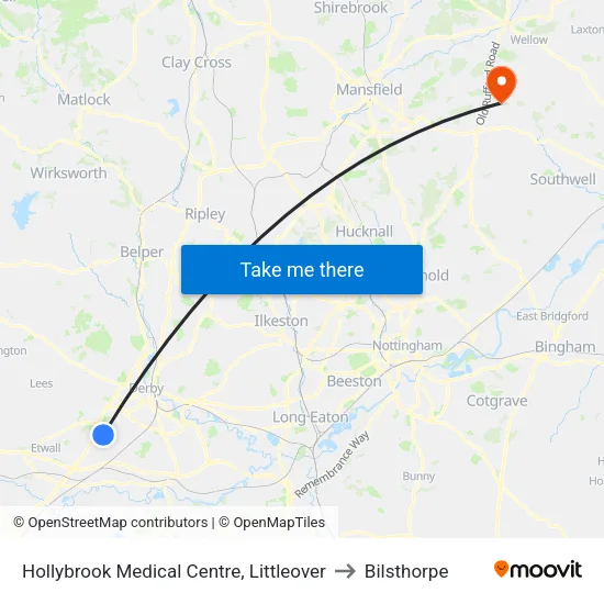 Hollybrook Medical Centre, Littleover to Bilsthorpe map