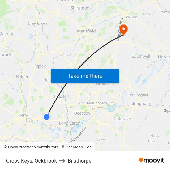 Cross Keys, Ockbrook to Bilsthorpe map