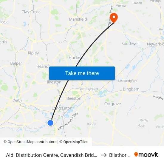 Aldi Distribution Centre, Cavendish Bridge to Bilsthorpe map