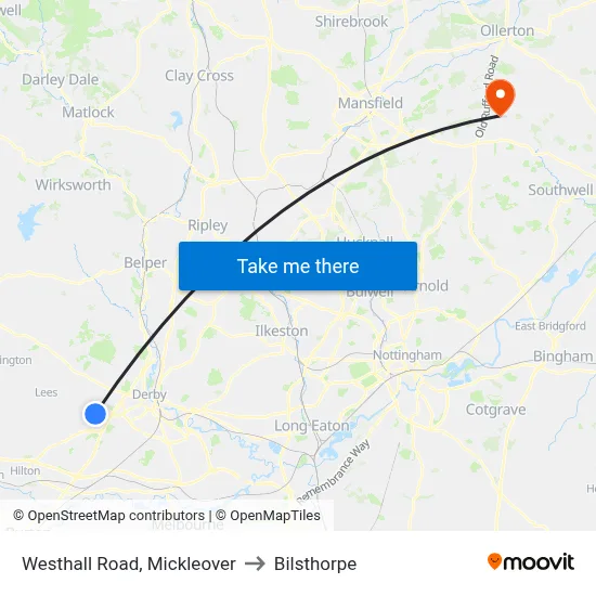 Westhall Road, Mickleover to Bilsthorpe map