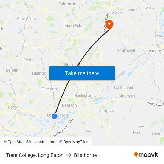 Trent College, Long Eaton to Bilsthorpe map