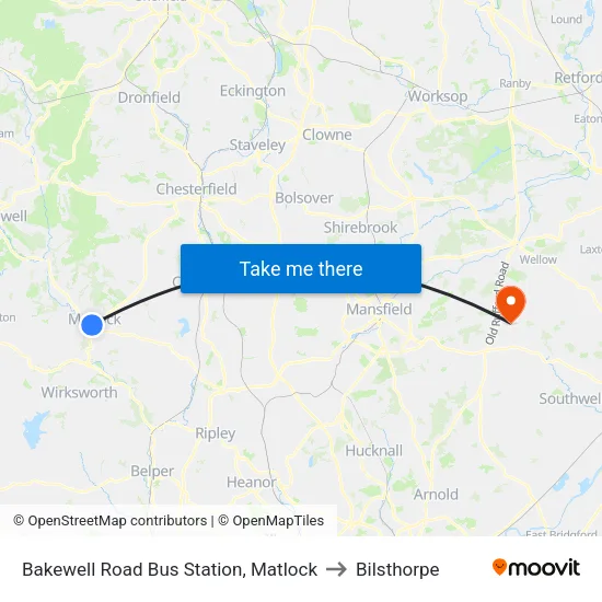Bakewell Road Bus Station, Matlock to Bilsthorpe map