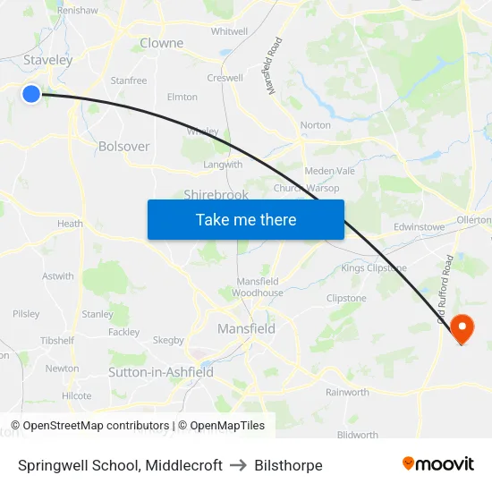 Springwell School, Middlecroft to Bilsthorpe map