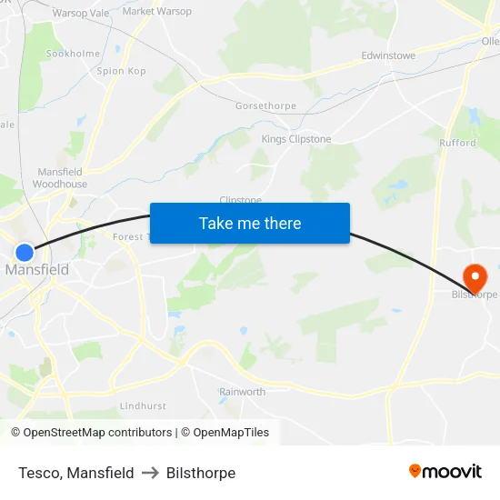 Tesco, Mansfield to Bilsthorpe map