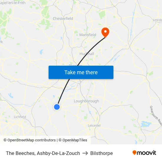 The Beeches, Ashby-De-La-Zouch to Bilsthorpe map