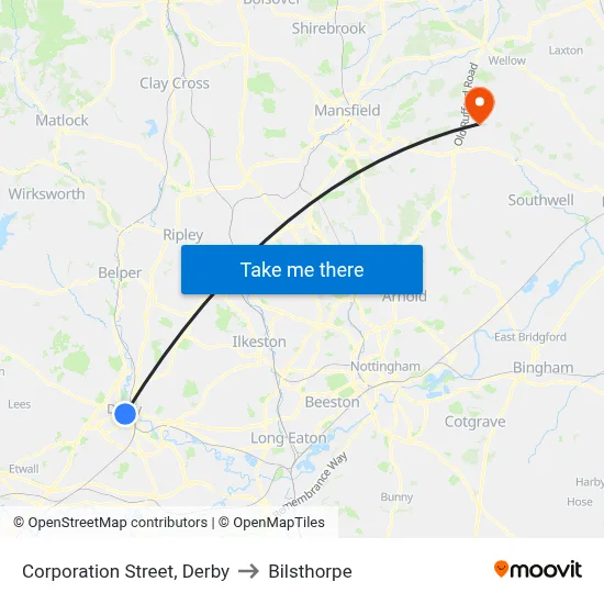 Corporation Street, Derby to Bilsthorpe map