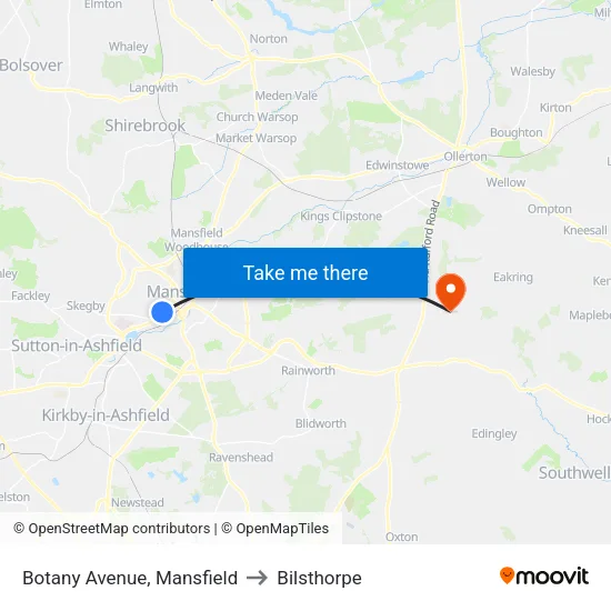 Botany Avenue, Mansfield to Bilsthorpe map