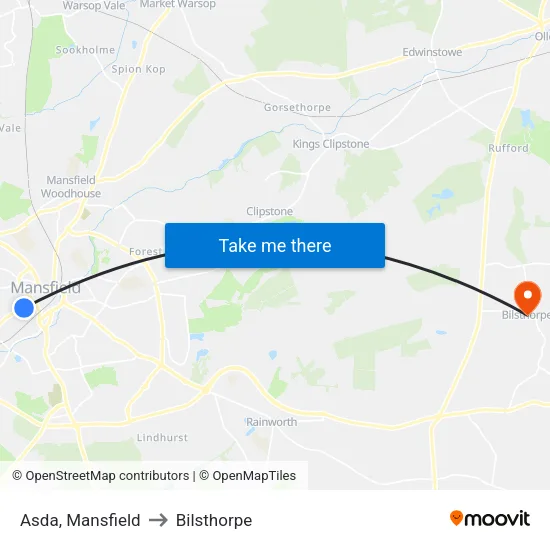 Asda, Mansfield to Bilsthorpe map